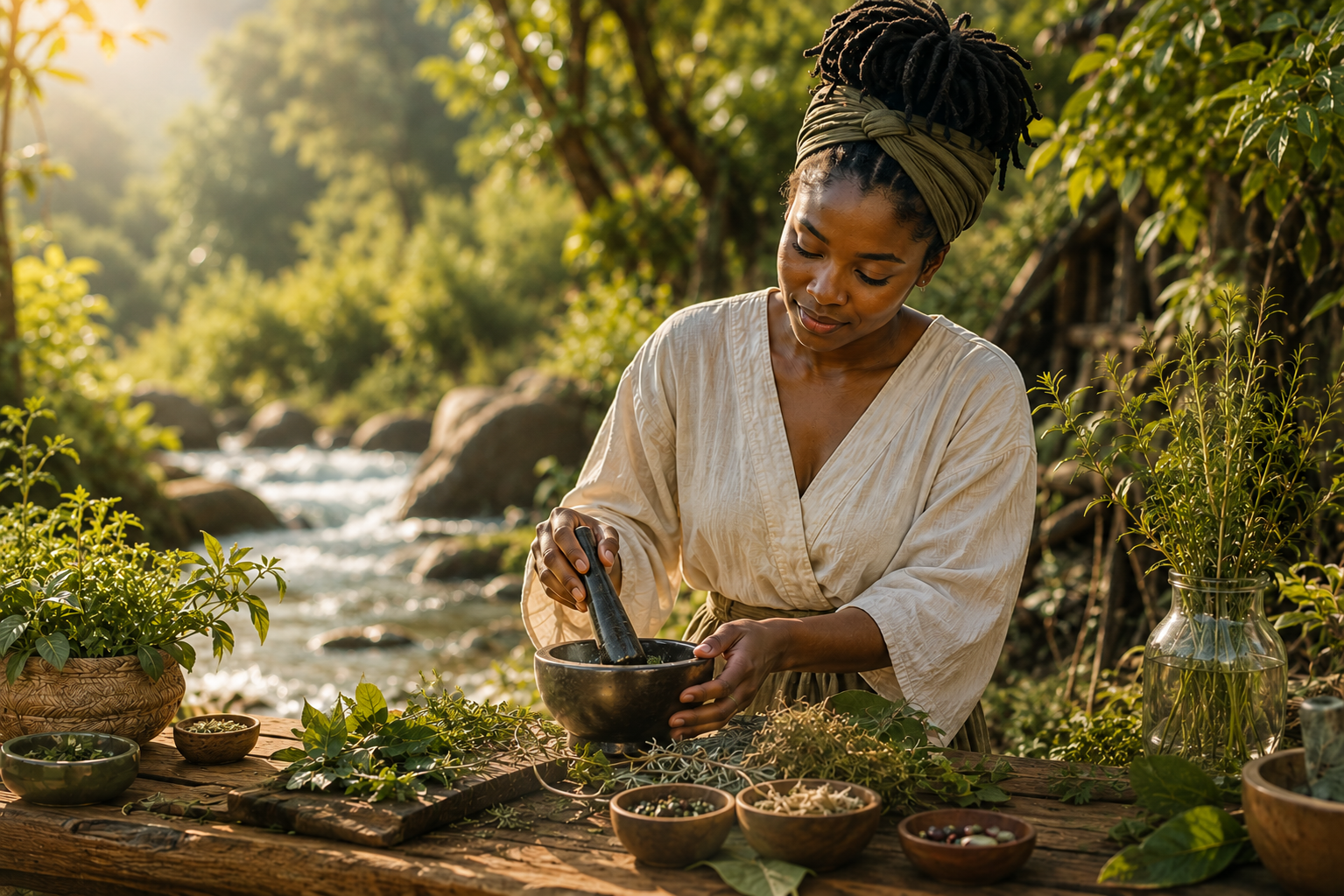 A woman thoughtfully preparing natural botanical ingredients beside a river